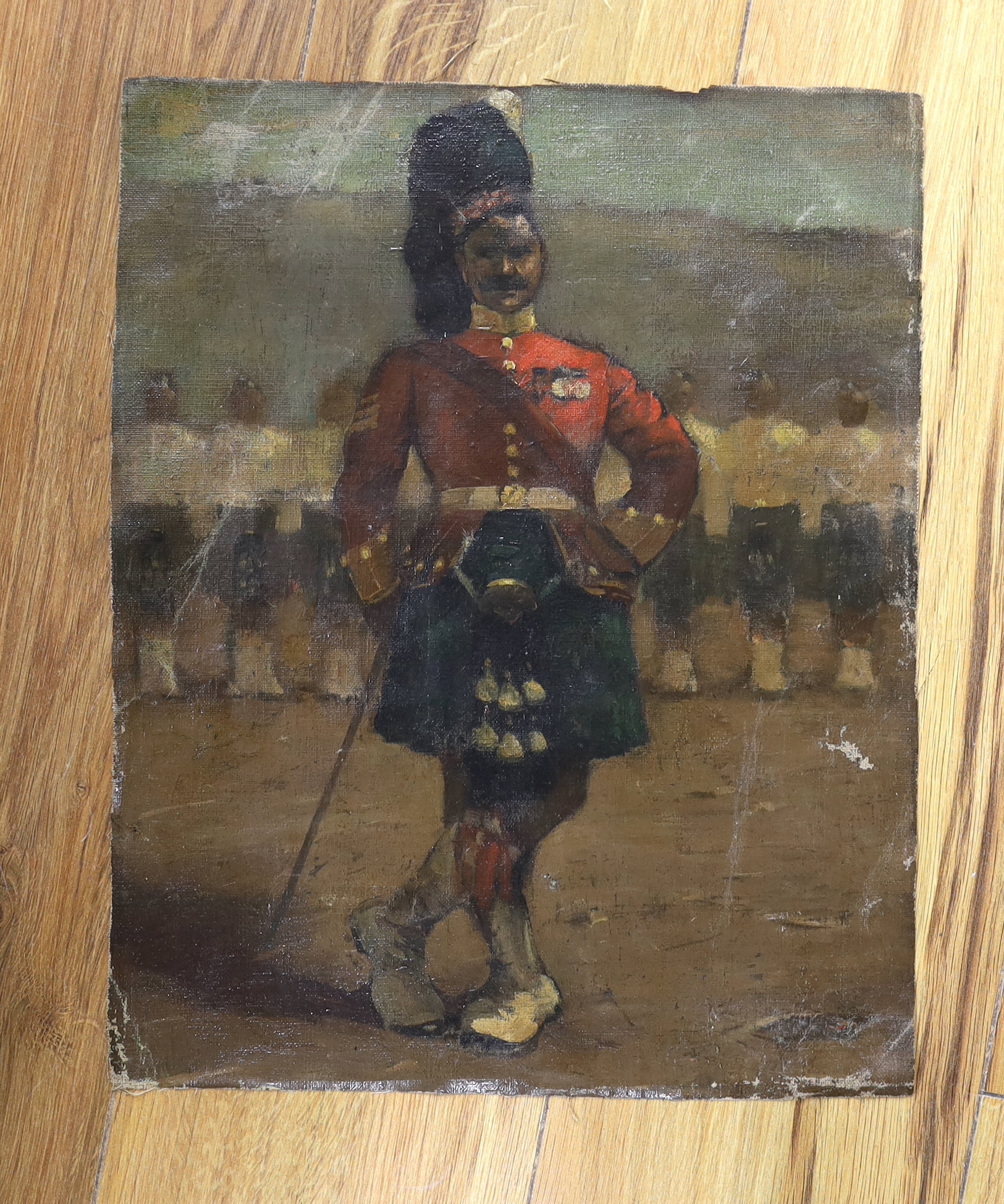 Victorian School, oil on unstretched canvas, Portrait of a Sergeant, Argyll and Sutherland Highlanders, 38 x 30cm, unframed